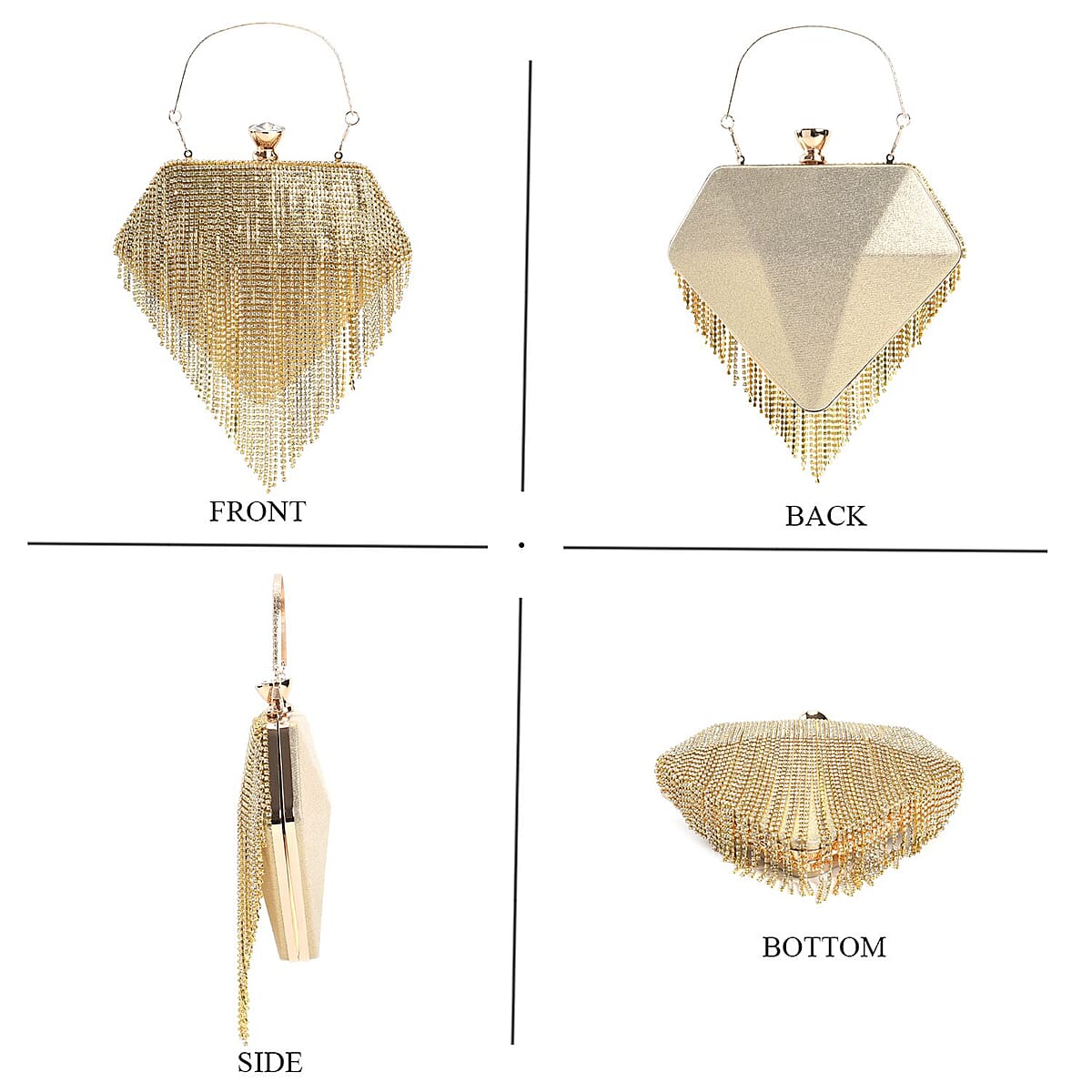 Gold Sparkling Crystal Diamond Shape Tassel Clutch Bag with Handle Drop and Chain Strap image number 3
