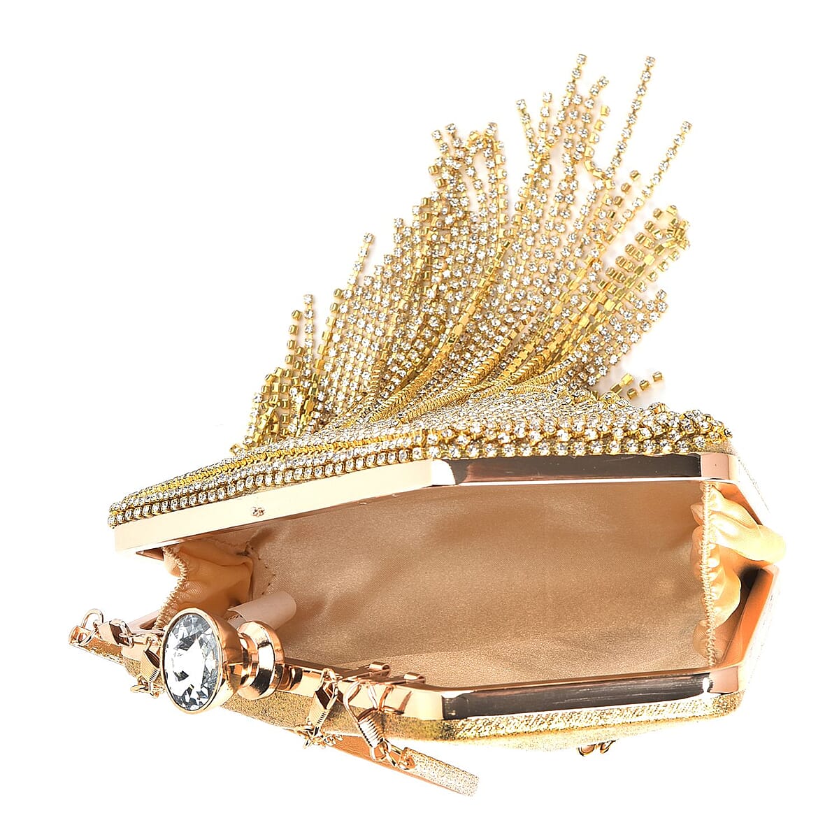 Gold Sparkling Crystal Diamond Shape Tassel Clutch Bag with Handle Drop and Chain Strap image number 4