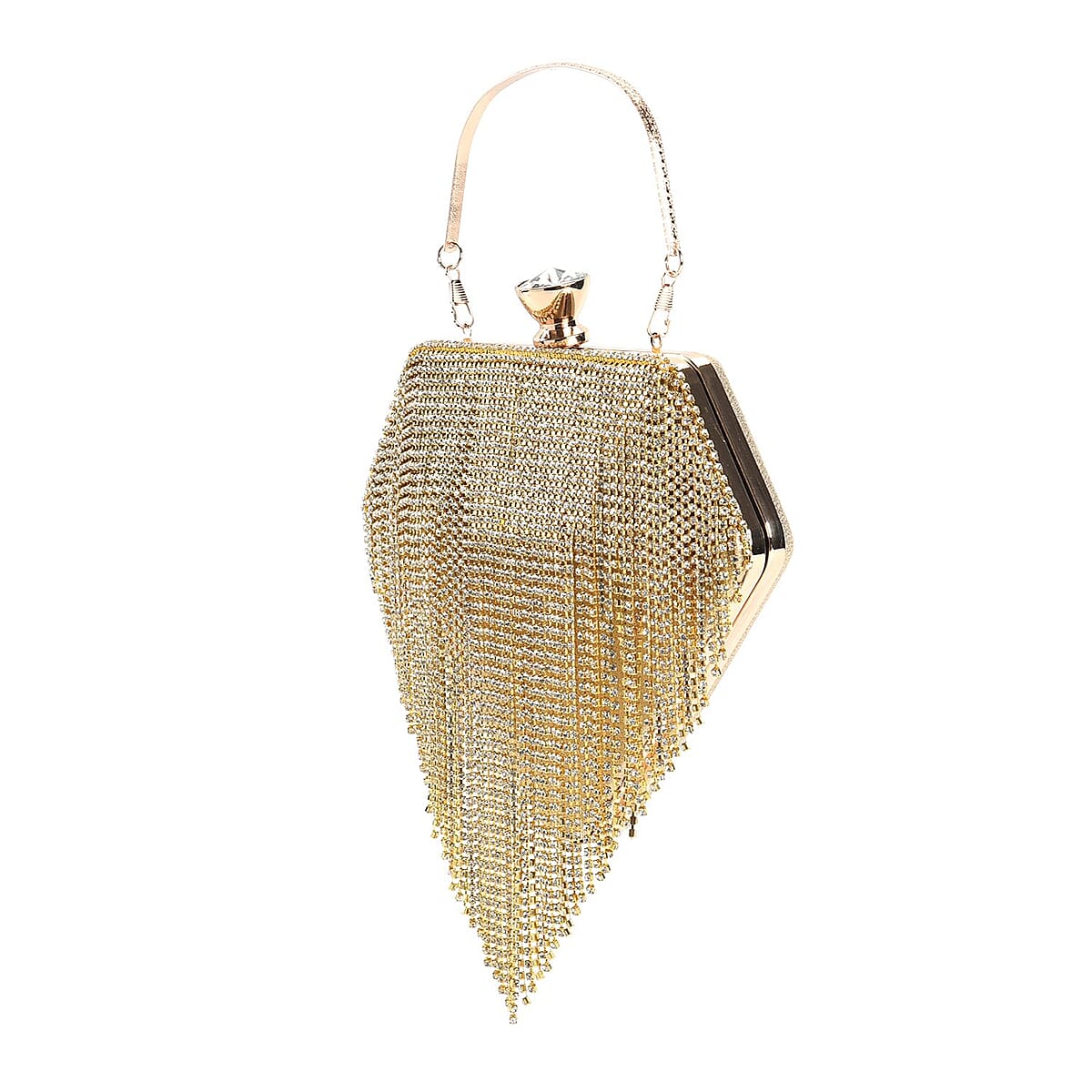 Gold Sparkling Crystal Diamond Shape Tassel Clutch Bag with Handle Drop and Chain Strap image number 6