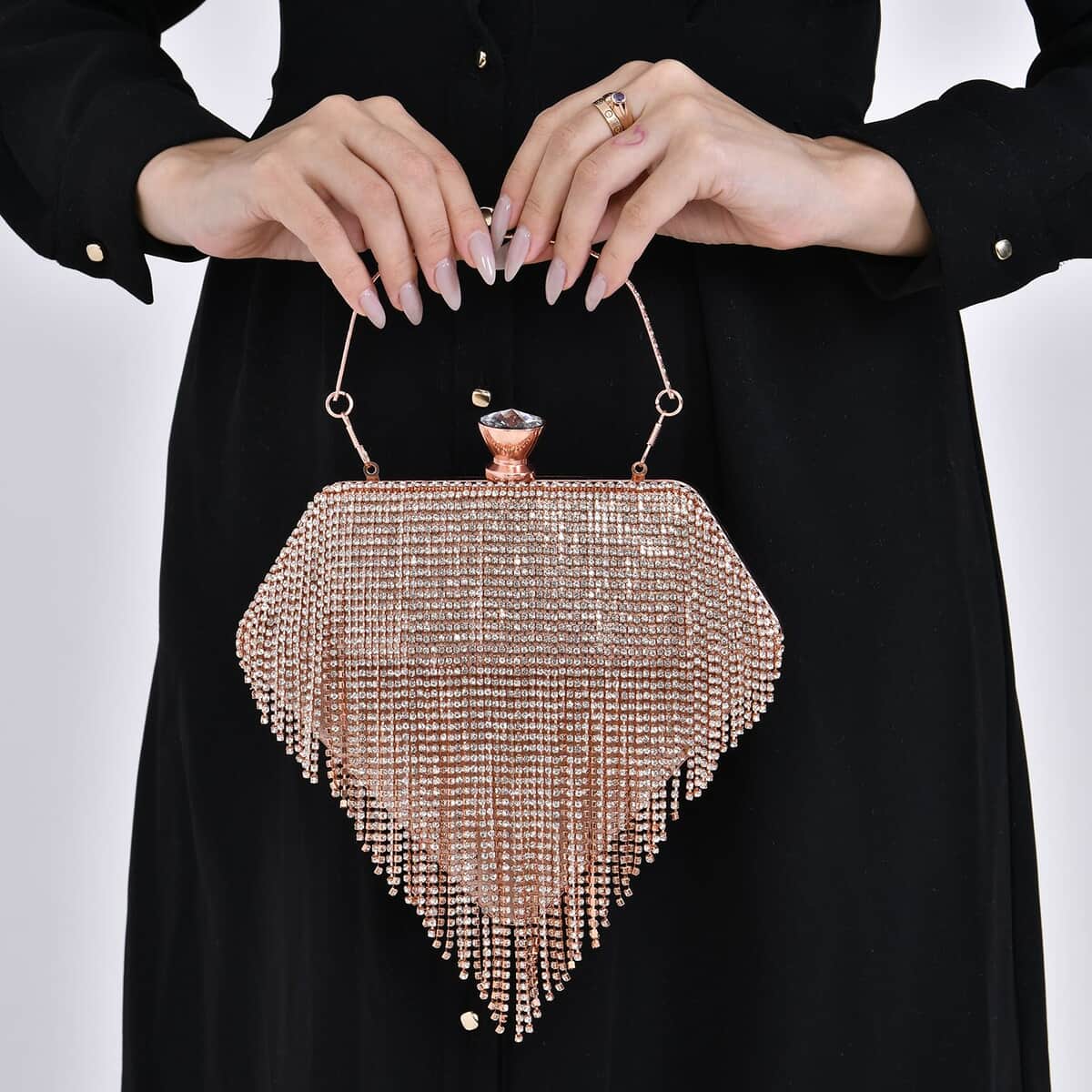 Pink Sparkling Crystal Diamond Shape Tassel Clutch Bag with Handle Drop and Chain Strap image number 2