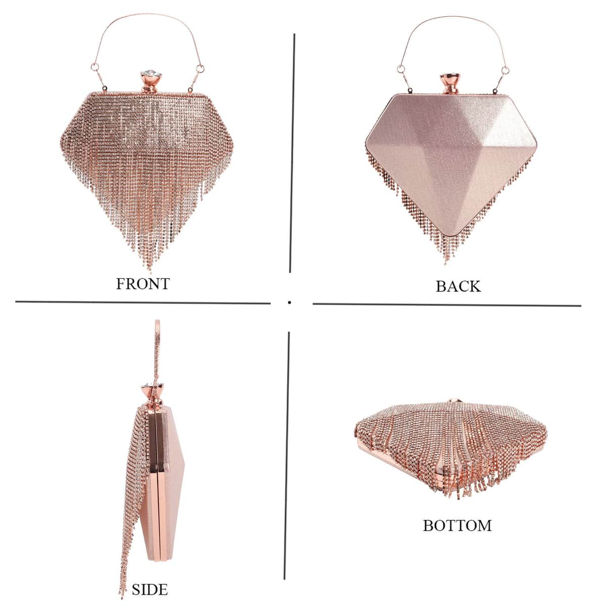 Pink Sparkling Crystal Diamond Shape Tassel Clutch Bag with Handle Drop and Chain Strap image number 3