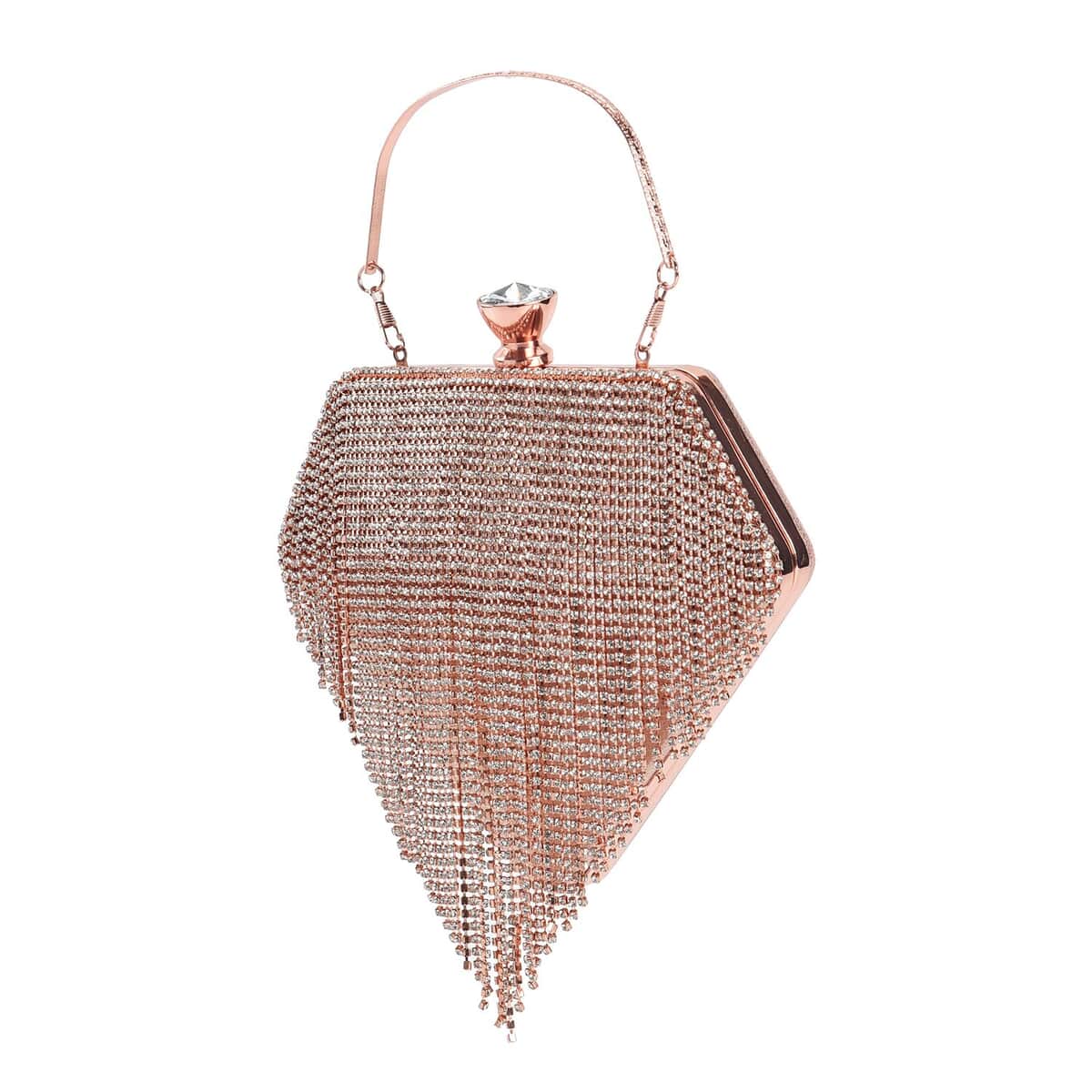 Pink Sparkling Crystal Diamond Shape Tassel Clutch Bag with Handle Drop and Chain Strap image number 6