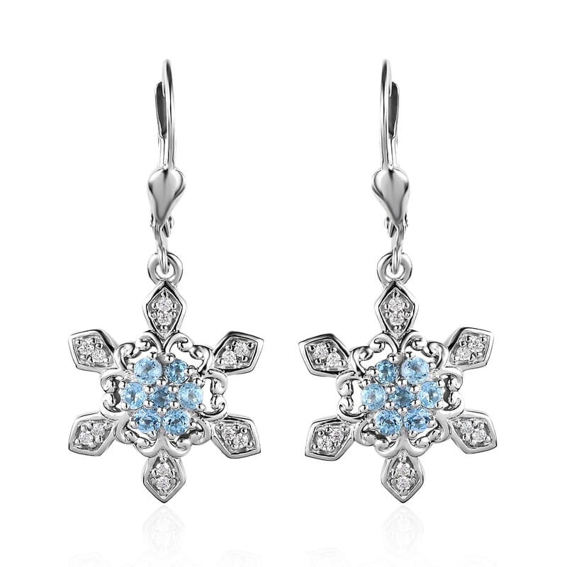 Premium Sky Blue Topaz and Moissanite Snowflake Lever Back Earrings in Platinum Over Sterling Silver 0.75 ctw