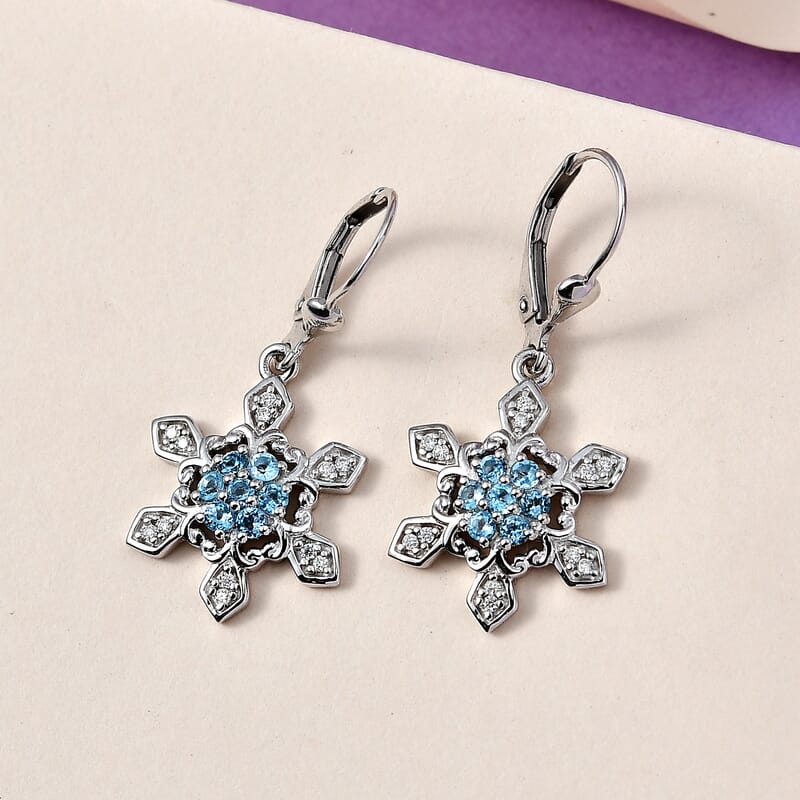 Premium Sky Blue Topaz and Moissanite Snowflake Lever Back Earrings in Platinum Over Sterling Silver 0.75 ctw
