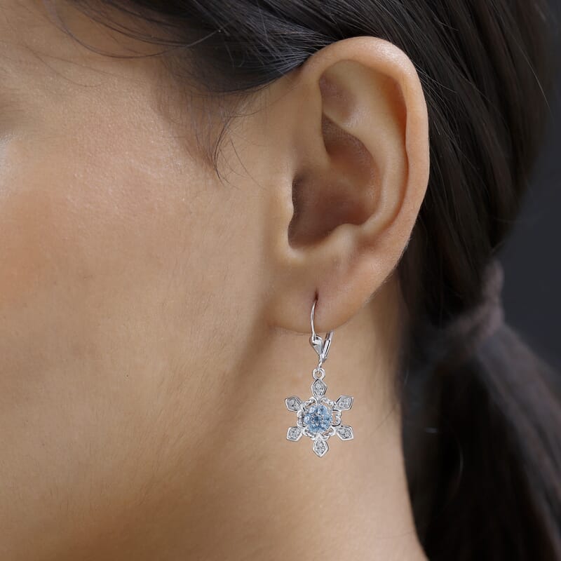 Premium Sky Blue Topaz and Moissanite Snowflake Lever Back Earrings in Platinum Over Sterling Silver 0.75 ctw