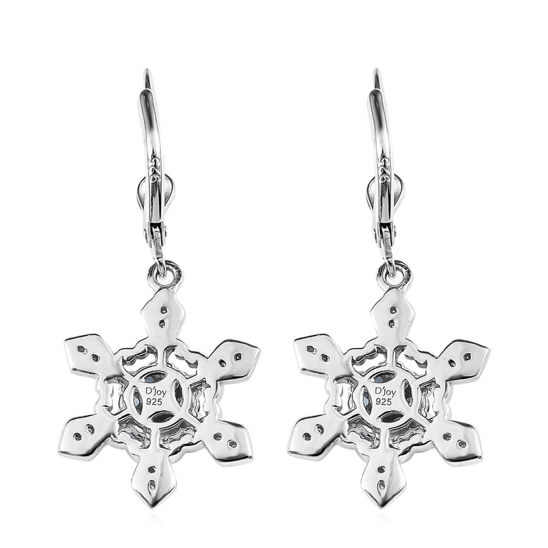 Premium Sky Blue Topaz and Moissanite Snowflake Lever Back Earrings in Platinum Over Sterling Silver 0.75 ctw