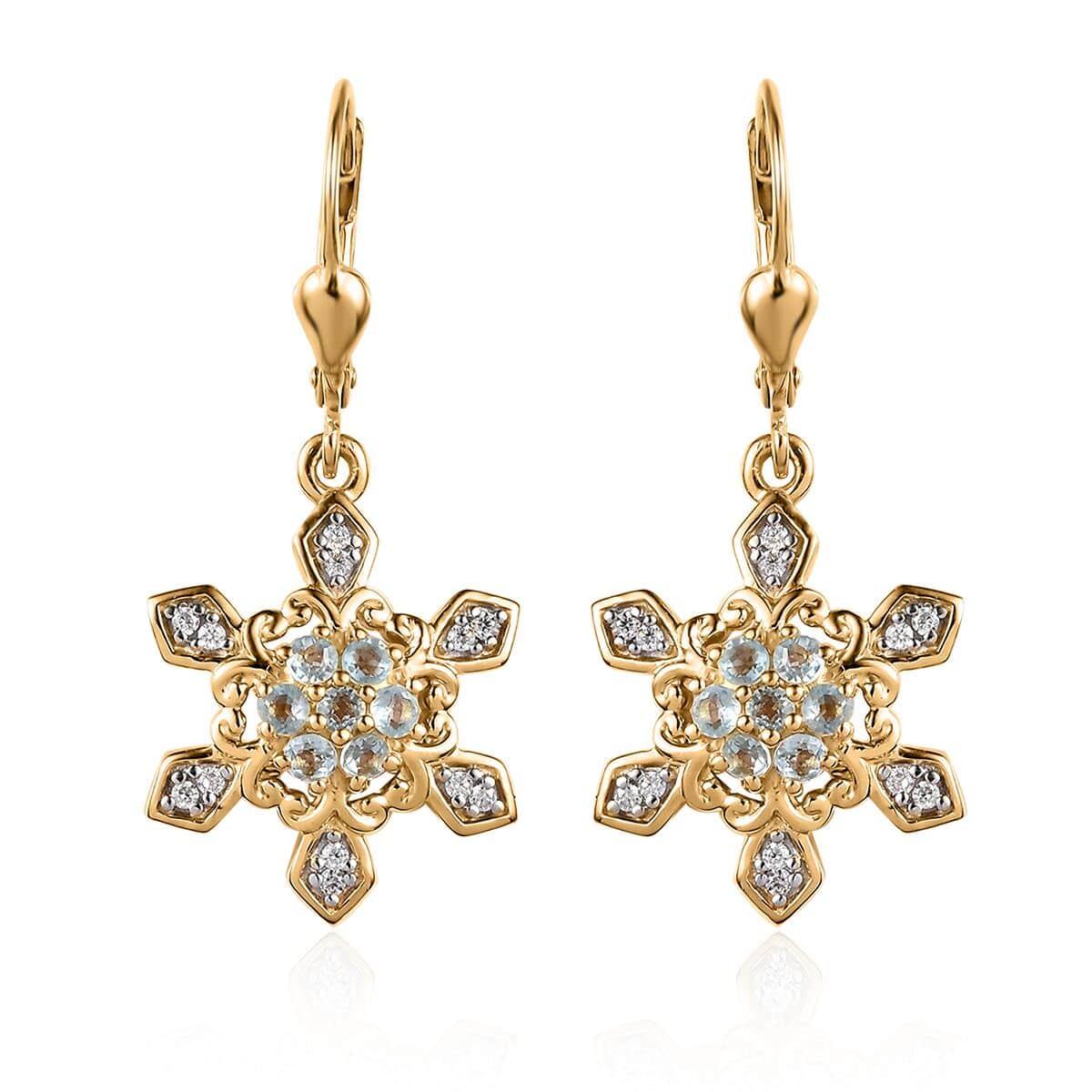 Premium Sky blue Topaz and Moissanite Snowflake Lever Back Earrings in Vermeil Yellow Gold Over Sterling Silver 0.75 ctw image number 0