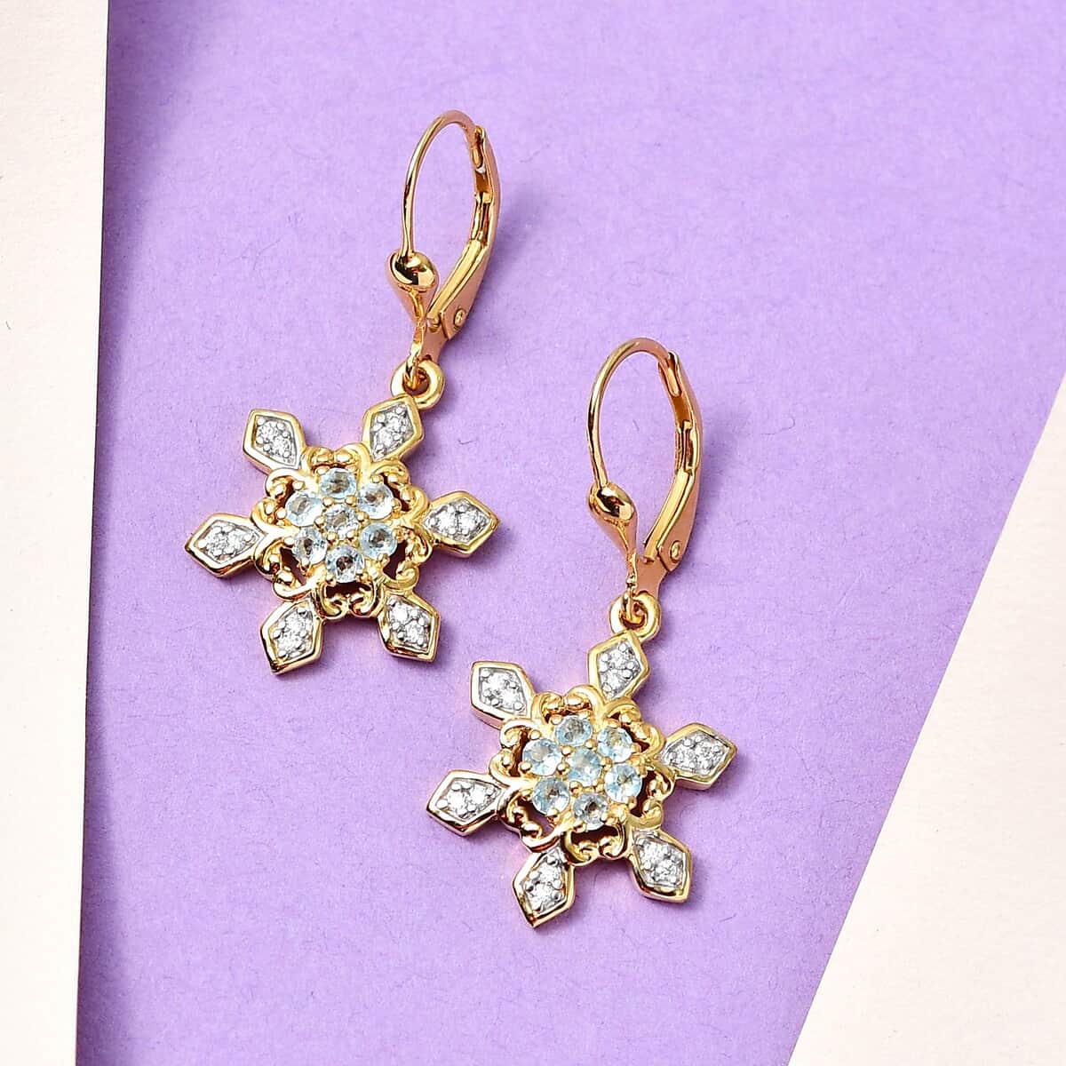 Premium Sky blue Topaz and Moissanite Snowflake Lever Back Earrings in Vermeil Yellow Gold Over Sterling Silver 0.75 ctw image number 1
