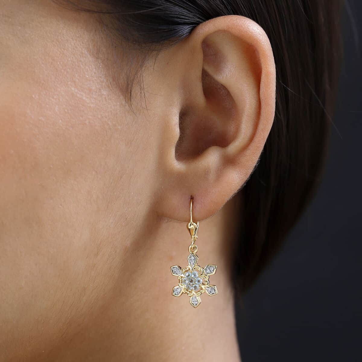 Premium Sky blue Topaz and Moissanite Snowflake Lever Back Earrings in Vermeil Yellow Gold Over Sterling Silver 0.75 ctw image number 2