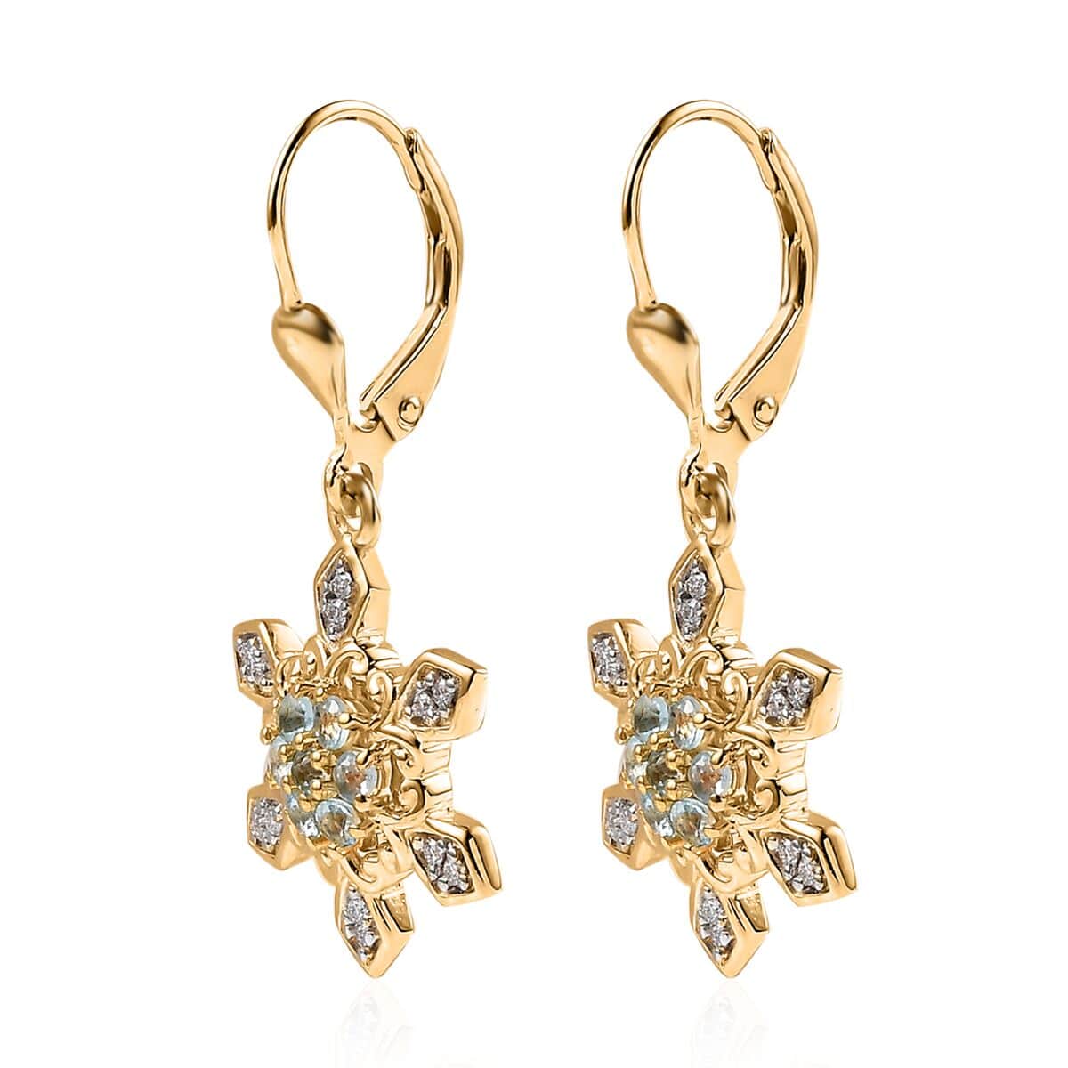 Premium Sky blue Topaz and Moissanite Snowflake Lever Back Earrings in Vermeil Yellow Gold Over Sterling Silver 0.75 ctw image number 3