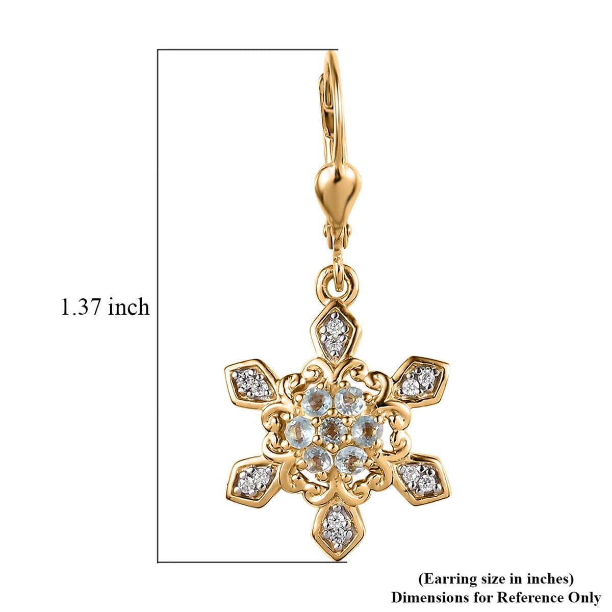 Premium Sky blue Topaz and Moissanite Snowflake Lever Back Earrings in Vermeil Yellow Gold Over Sterling Silver 0.75 ctw image number 5