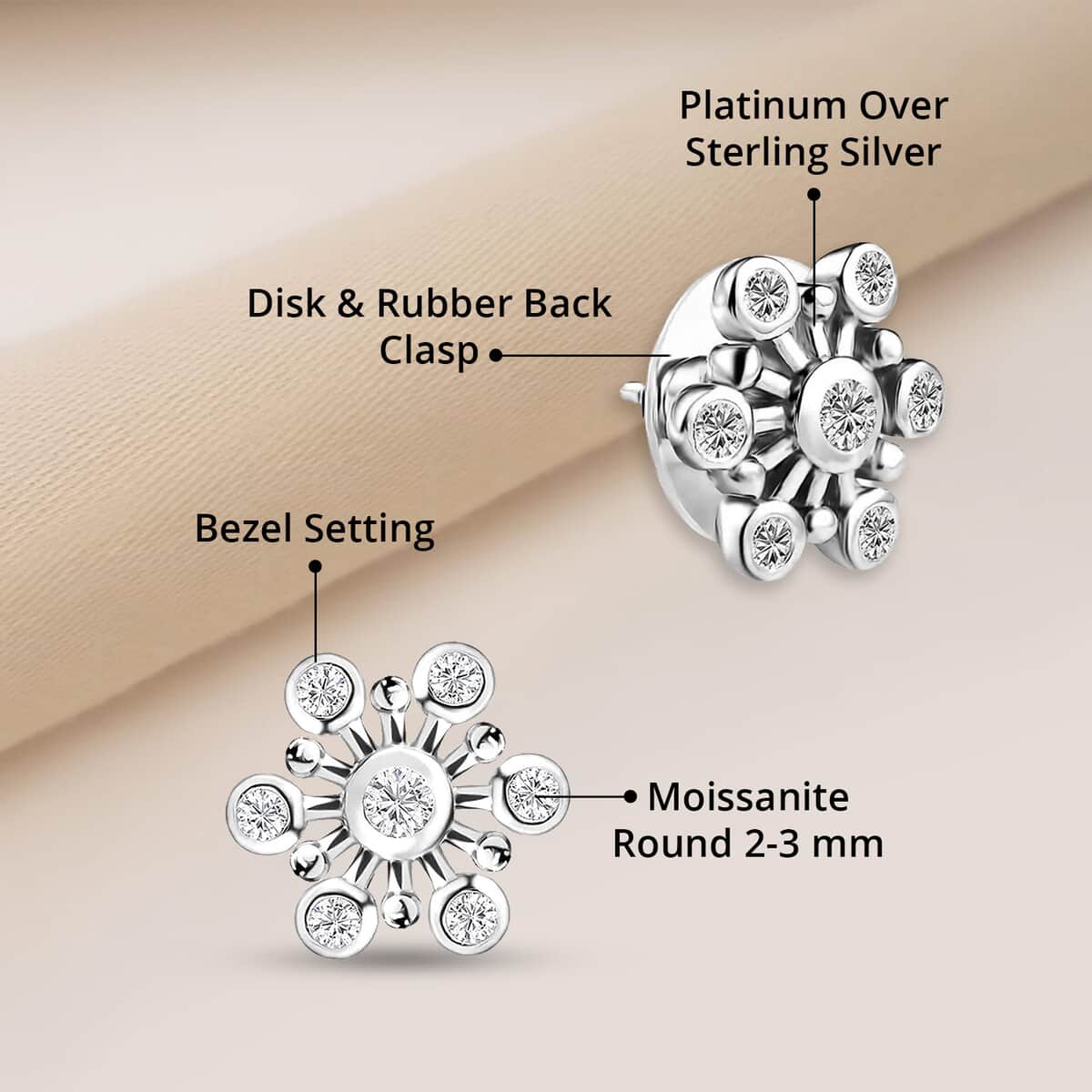 Moissanite Snowflake Stud Earrings in Platinum Over Sterling Silver 0.90 ctw image number 5