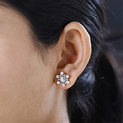 Moissanite Snowflake Stud Earrings in Platinum Over Sterling Silver 0.90 ctw