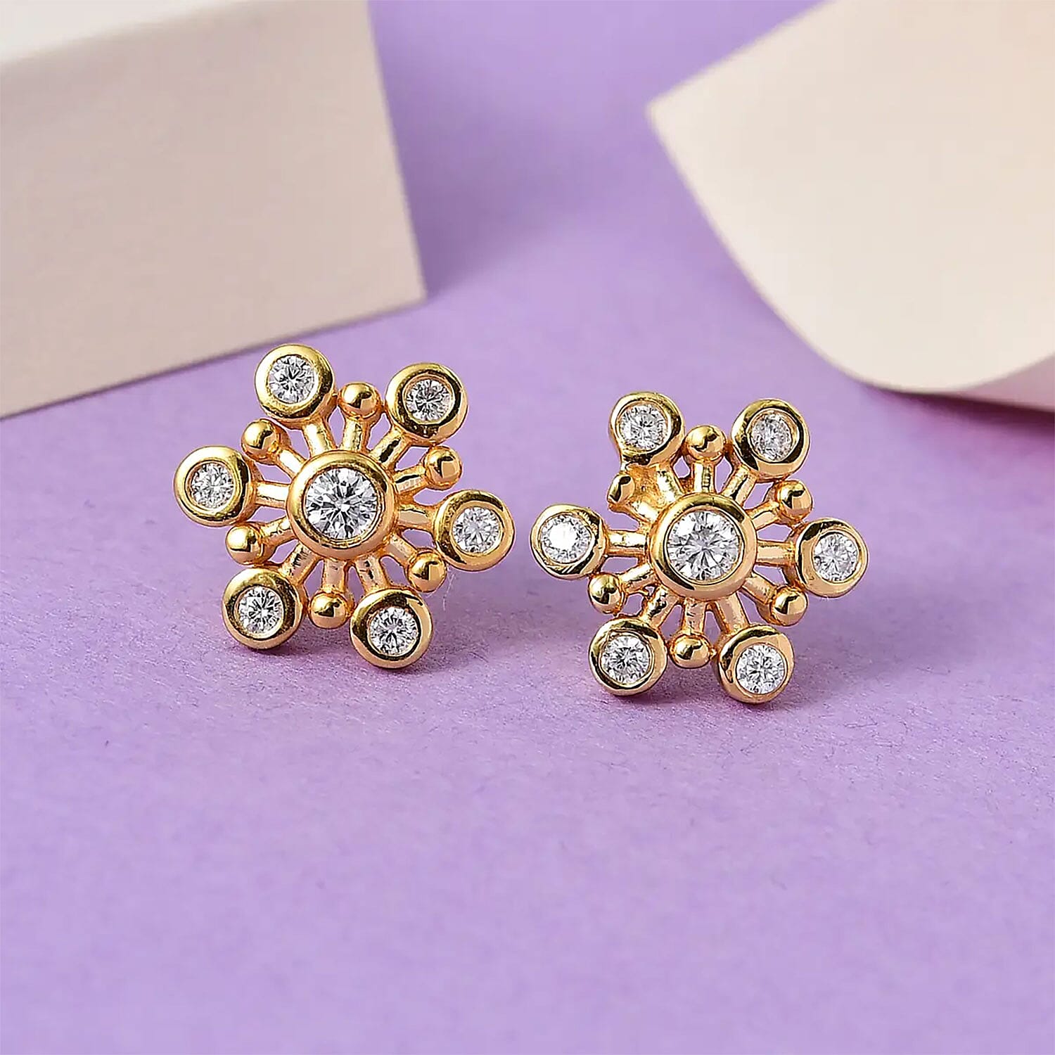Moissanite Snowflake Stud Earrings in Vermeil Yellow Gold Over Sterling Silver 0.90 ctw