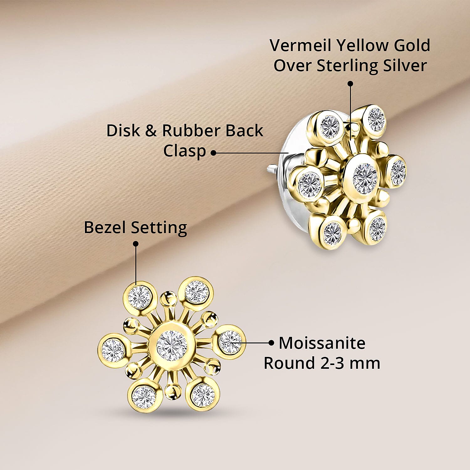 Moissanite Snowflake Stud Earrings in Vermeil Yellow Gold Over Sterling Silver 0.90 ctw