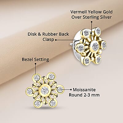Moissanite Snowflake Stud Earrings in Vermeil Yellow Gold Over Sterling Silver 0.90 ctw