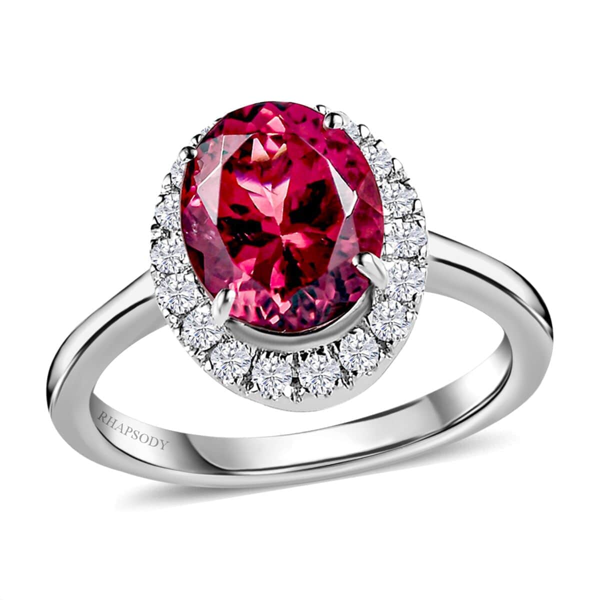 Rhapsody 950 Platinum AAAA Ouro Fino Rubellite and E-F VS2 Diamond Halo Ring 6 Grams 2.35 ctw (Del. in 7-10 Day) image number 0