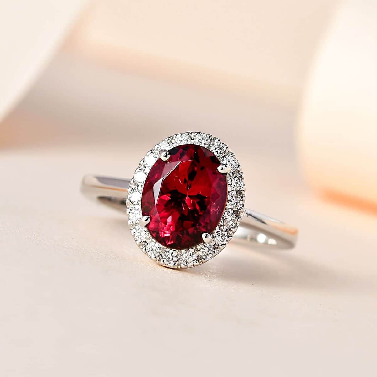 Rhapsody 950 Platinum AAAA Ouro Fino Rubellite and E-F VS2 Diamond Halo Ring 6 Grams 2.35 ctw (Del. in 7-10 Day) image number 1