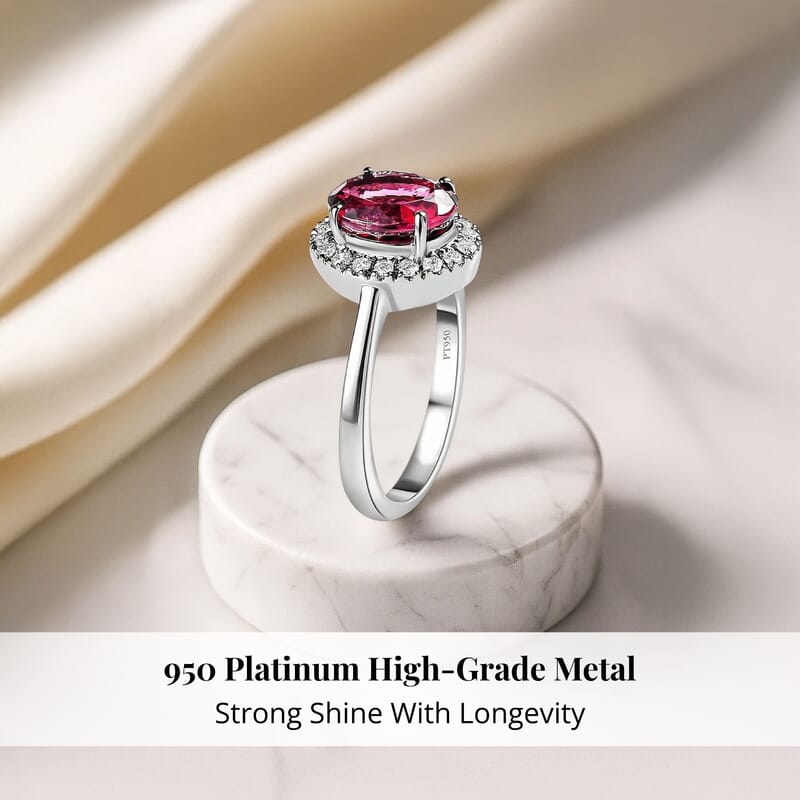 Rhapsody 950 Platinum AAAA Ouro Fino Rubellite and E-F VS2 Diamond Halo Ring (Size 10.0) 6 Grams 2.35 ctw
