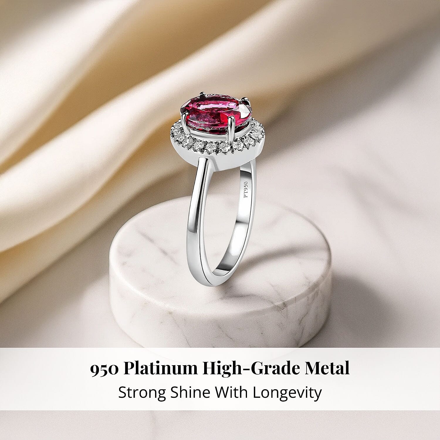 Rhapsody 950 Platinum AAAA Ouro Fino Rubellite and E-F VS2 Diamond Halo Ring (Size 8.0) 6 Grams 2.35 ctw