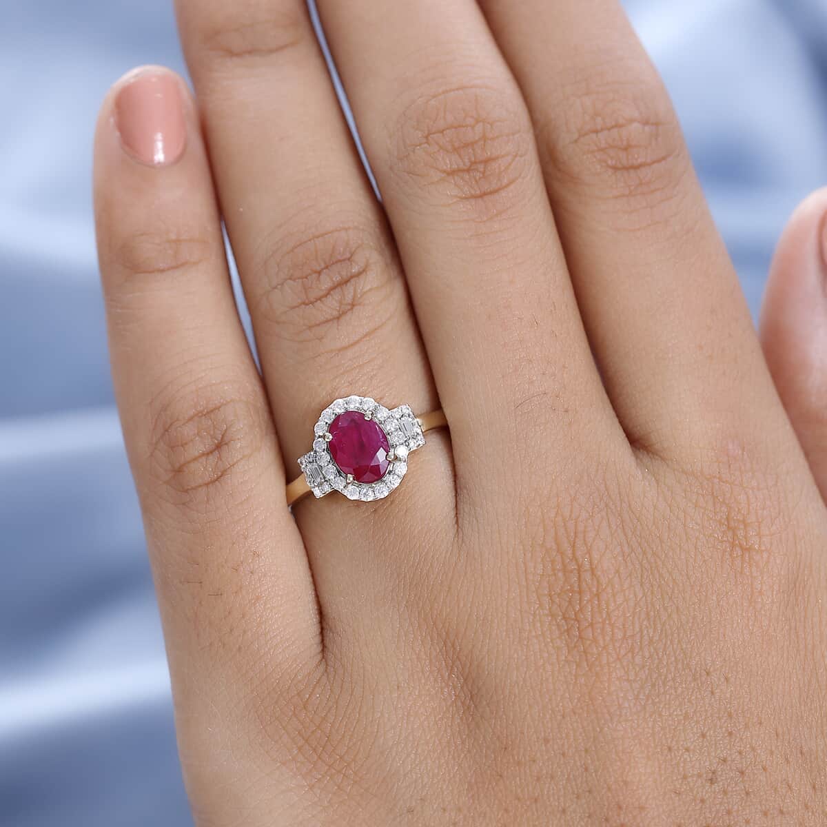 Luxoro 10K Yellow Gold Premium Mozambique Ruby and Moissanite Ring 2.00 ctw (Del. in 7-10 Days image number 2