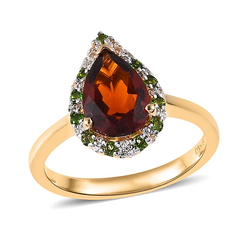 Premium Brazilian Cherry Citrine and Multi Gemstone Halo Ring in Vermeil Yellow Gold Over Sterling Silver (Size 10.0) 2.20 ctw