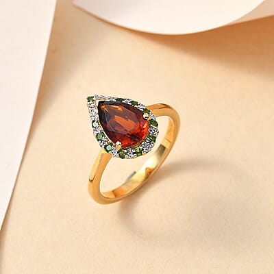 Premium Brazilian Cherry Citrine and Multi Gemstone Halo Ring in Vermeil Yellow Gold Over Sterling Silver (Size 10.0) 2.20 ctw