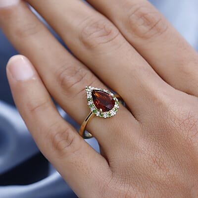 Premium Brazilian Cherry Citrine and Multi Gemstone Halo Ring in Vermeil Yellow Gold Over Sterling Silver (Size 10.0) 2.20 ctw