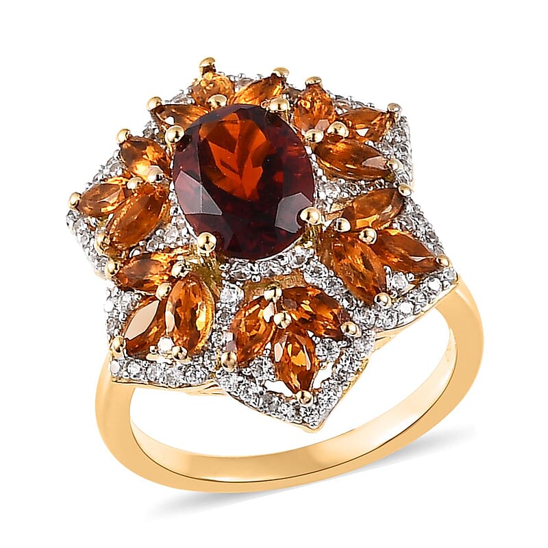 Premium Brazilian Cherry Citrine and Multi Gemstone Floral Ring in Vermeil Yellow Gold Over Sterling Silver (Size 10.0) 3.90 ctw
