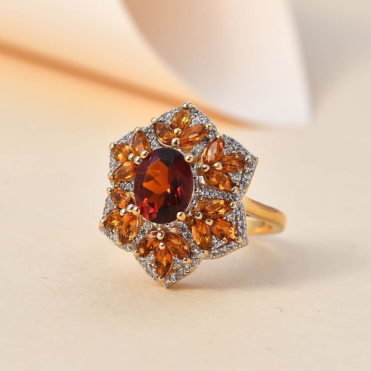 Premium Brazilian Cherry Citrine and Multi Gemstone Floral Ring in Vermeil Yellow Gold Over Sterling Silver 3.90 ctw image number 1