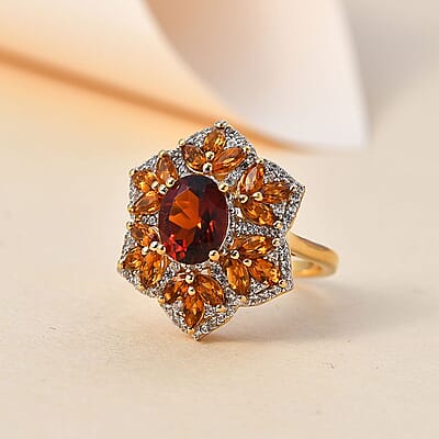 Premium Brazilian Cherry Citrine and Multi Gemstone Floral Ring in Vermeil Yellow Gold Over Sterling Silver (Size 10.0) 3.90 ctw