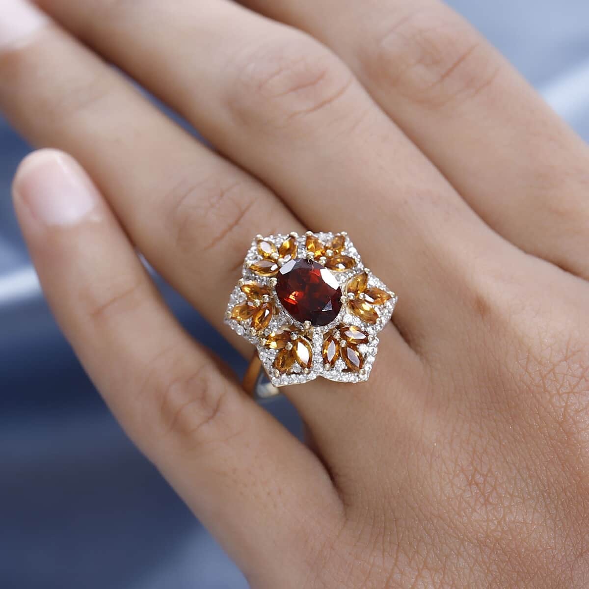 Premium Brazilian Cherry Citrine and Multi Gemstone Floral Ring in Vermeil Yellow Gold Over Sterling Silver 3.90 ctw image number 2