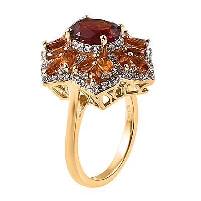 Premium Brazilian Cherry Citrine and Multi Gemstone Floral Ring in Vermeil Yellow Gold Over Sterling Silver (Size 10.0) 3.90 ctw