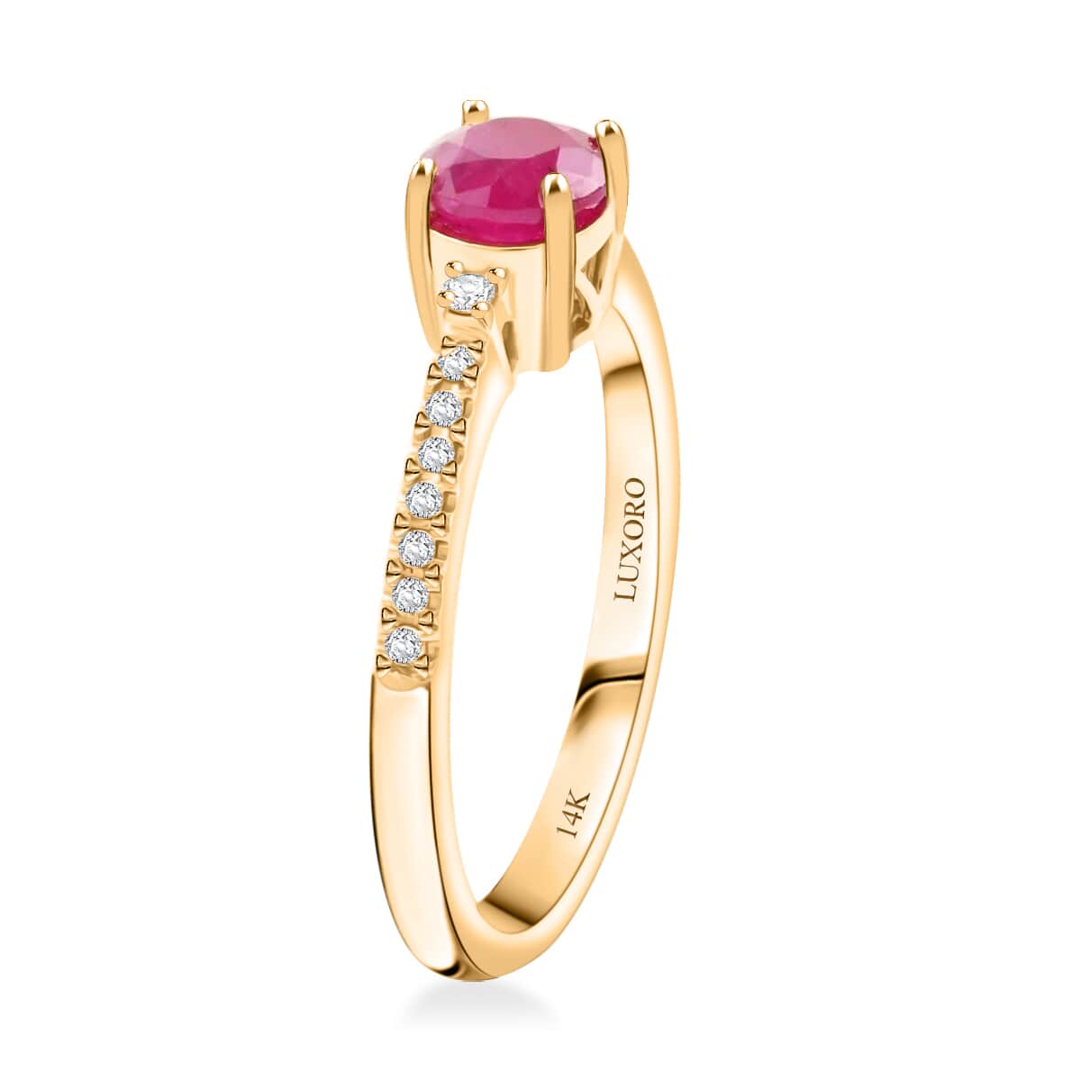 Certified & Appraised Luxoro AAA Montepuez Ruby and I2 Diamond 1.20 ctw Ring  in 14K Yellow Gold (Size 8.0) image number 3