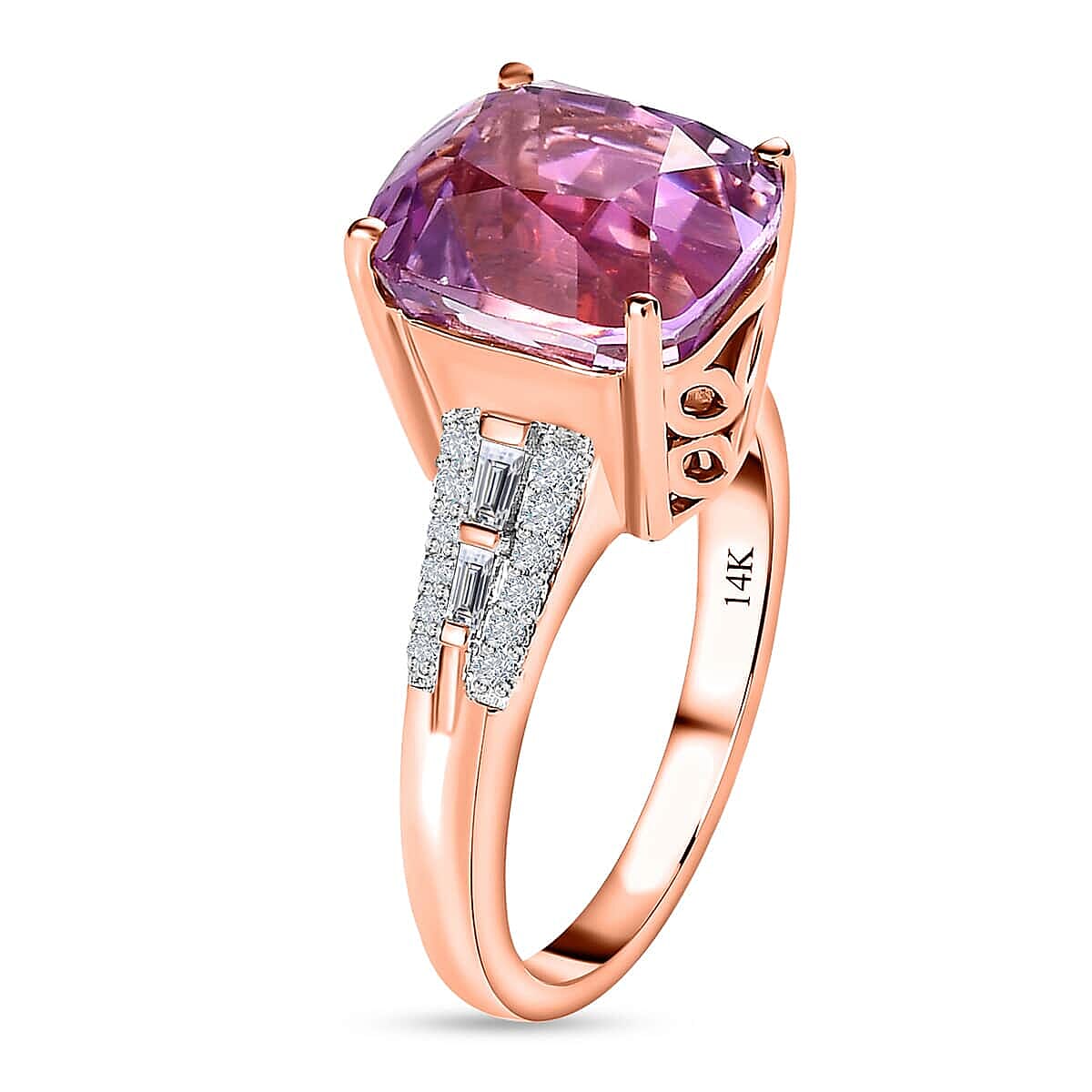 Luxoro 14K Rose Gold AAAA Patroke Kunzite and G-H I2 Diamond Ring (Size 6.0) 4.60 Grams 4.75 ctw