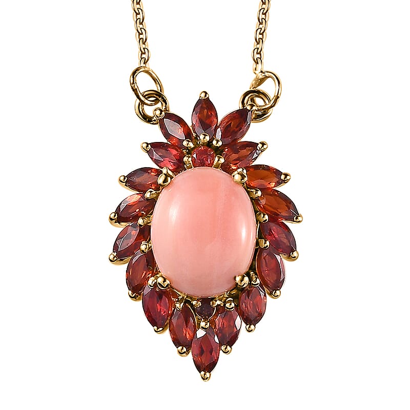 Premium Oregon Peach Opal and Mozambique Garnet Necklace 18 Inches in Vermeil Yellow Gold Over Sterling Silver 4.20 ctw