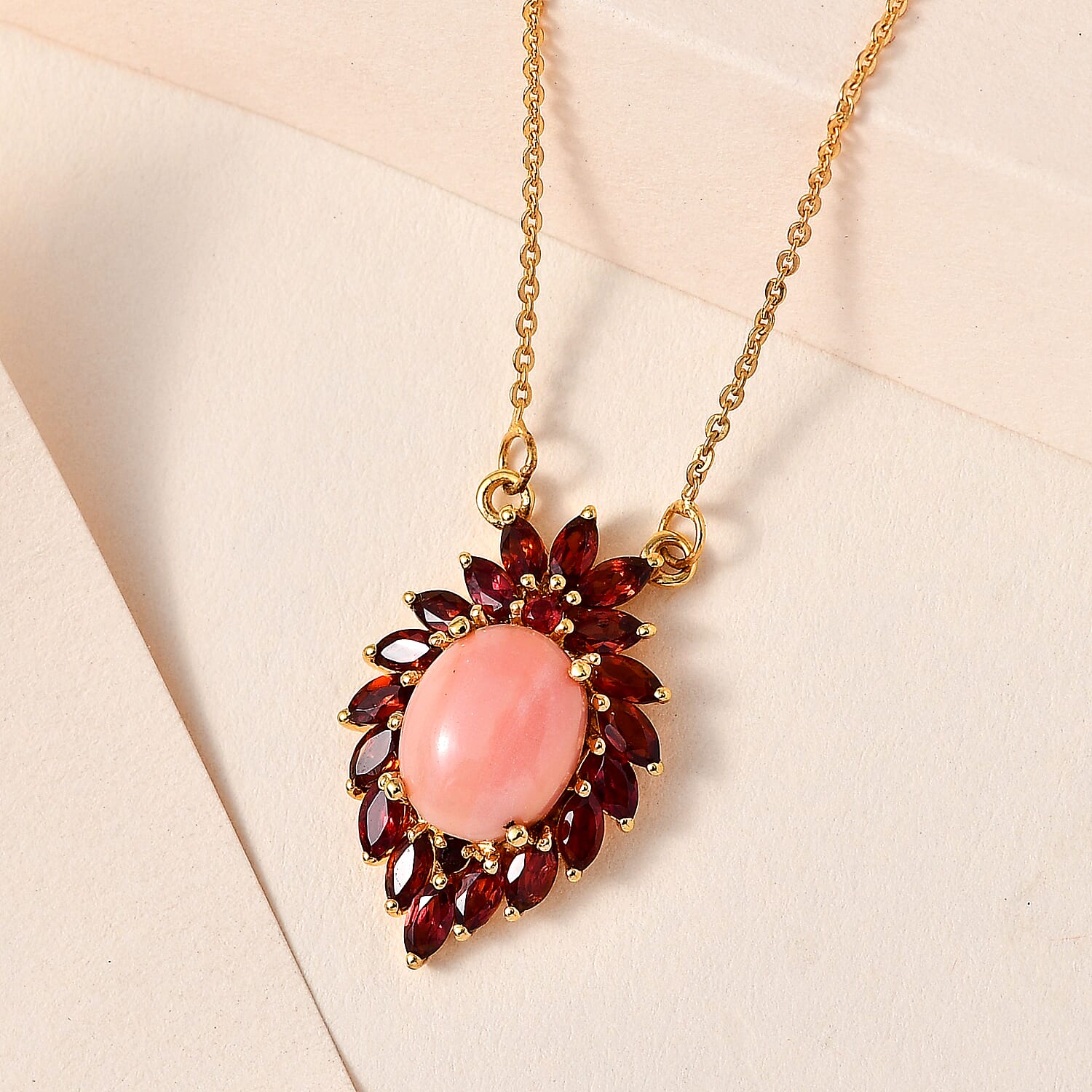Premium Oregon Peach Opal and Mozambique Garnet Necklace 18 Inches in Vermeil Yellow Gold Over Sterling Silver 4.20 ctw
