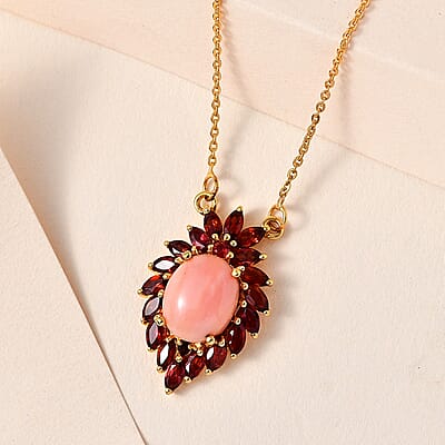 Premium Oregon Peach Opal and Mozambique Garnet Necklace 18 Inches in Vermeil Yellow Gold Over Sterling Silver 4.20 ctw
