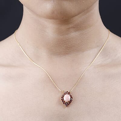 Premium Oregon Peach Opal and Mozambique Garnet Necklace 18 Inches in Vermeil Yellow Gold Over Sterling Silver 4.20 ctw