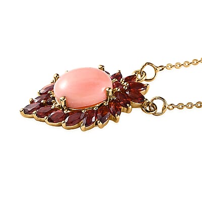 Premium Oregon Peach Opal and Mozambique Garnet Necklace 18 Inches in Vermeil Yellow Gold Over Sterling Silver 4.20 ctw