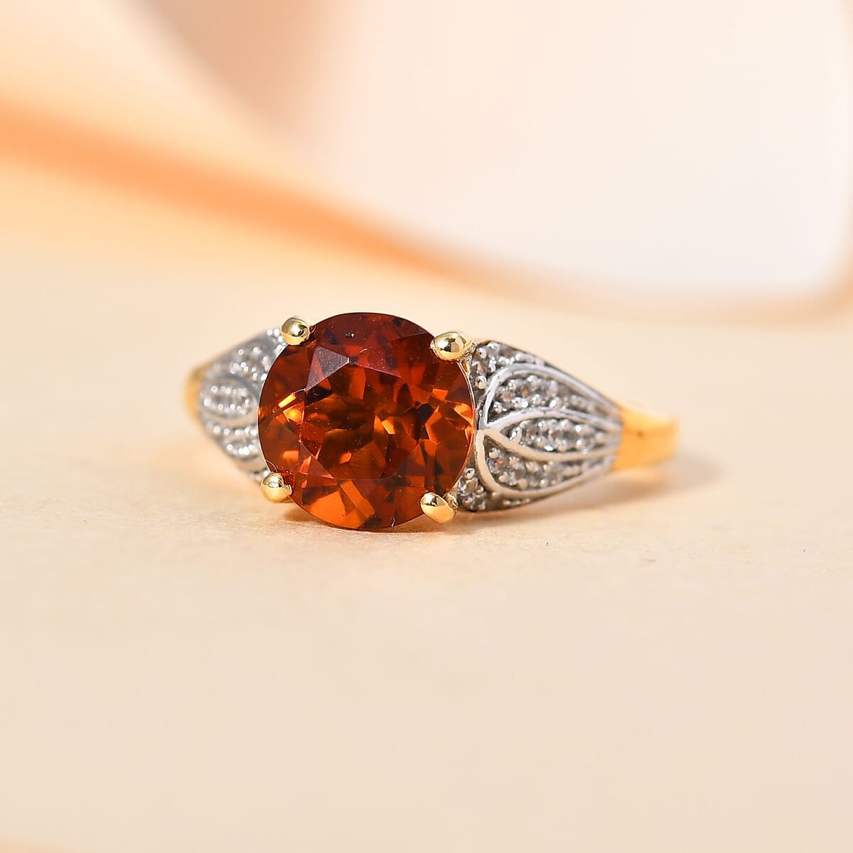 Premium Brazilian Cherry Citrine and White Zircon Ring in Vermeil Yellow Gold Over Sterling Silver 2.15 ctw image number 1