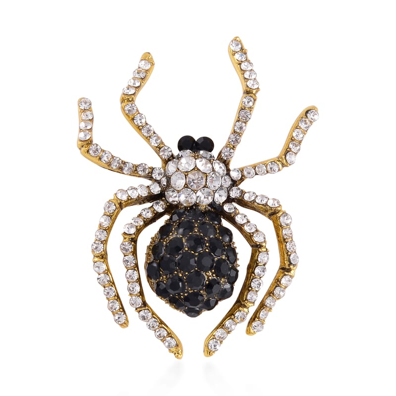 Black and White Austrian Crystal Halloween Spider Brooch in Goldtone