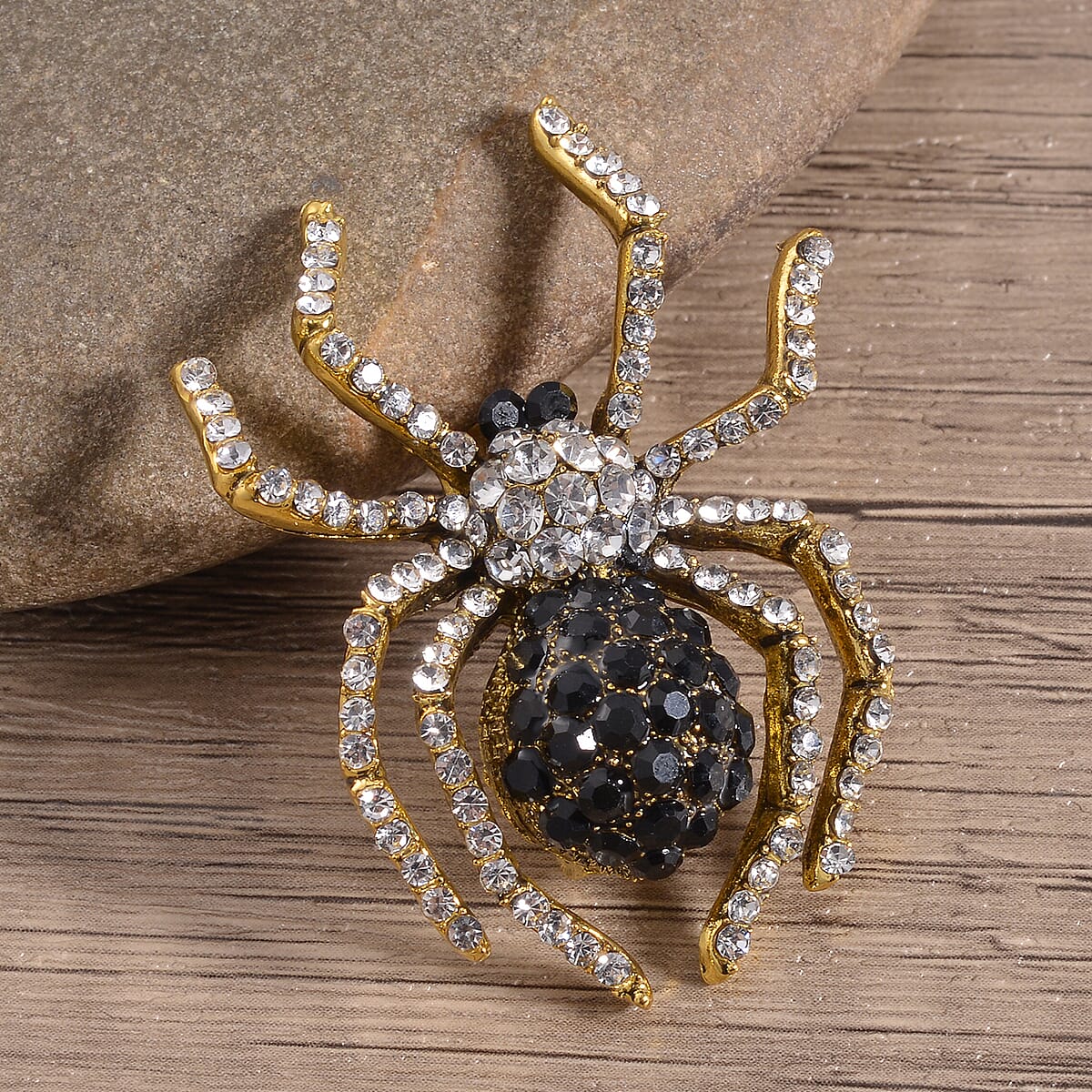 Black and White Austrian Crystal Halloween Spider Brooch in Goldtone image number 1