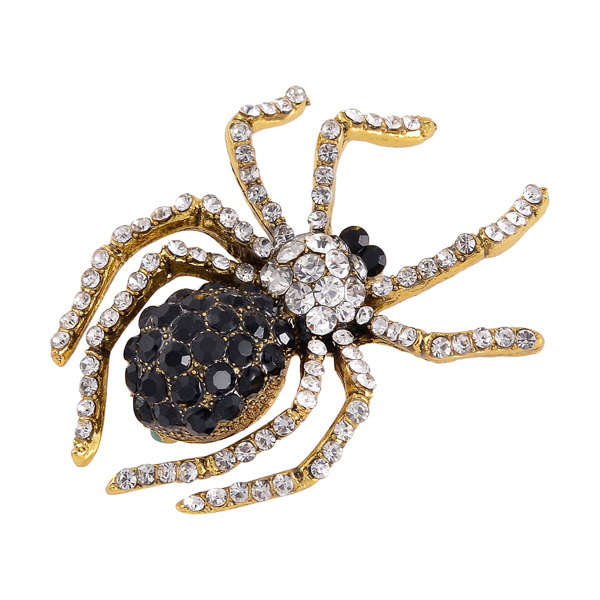 Black and White Austrian Crystal Halloween Spider Brooch in Goldtone image number 2