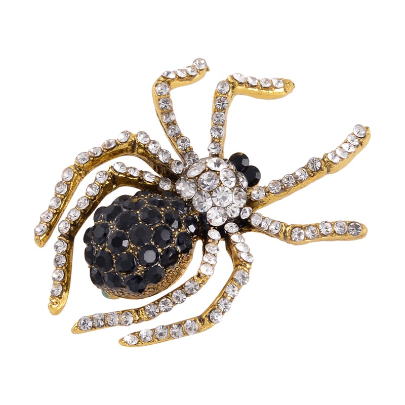 Black and White Austrian Crystal Halloween Spider Brooch in Goldtone