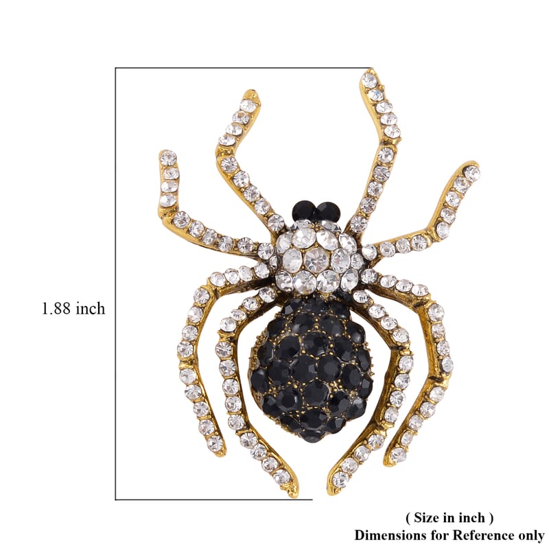 Black and White Austrian Crystal Halloween Spider Brooch in Goldtone