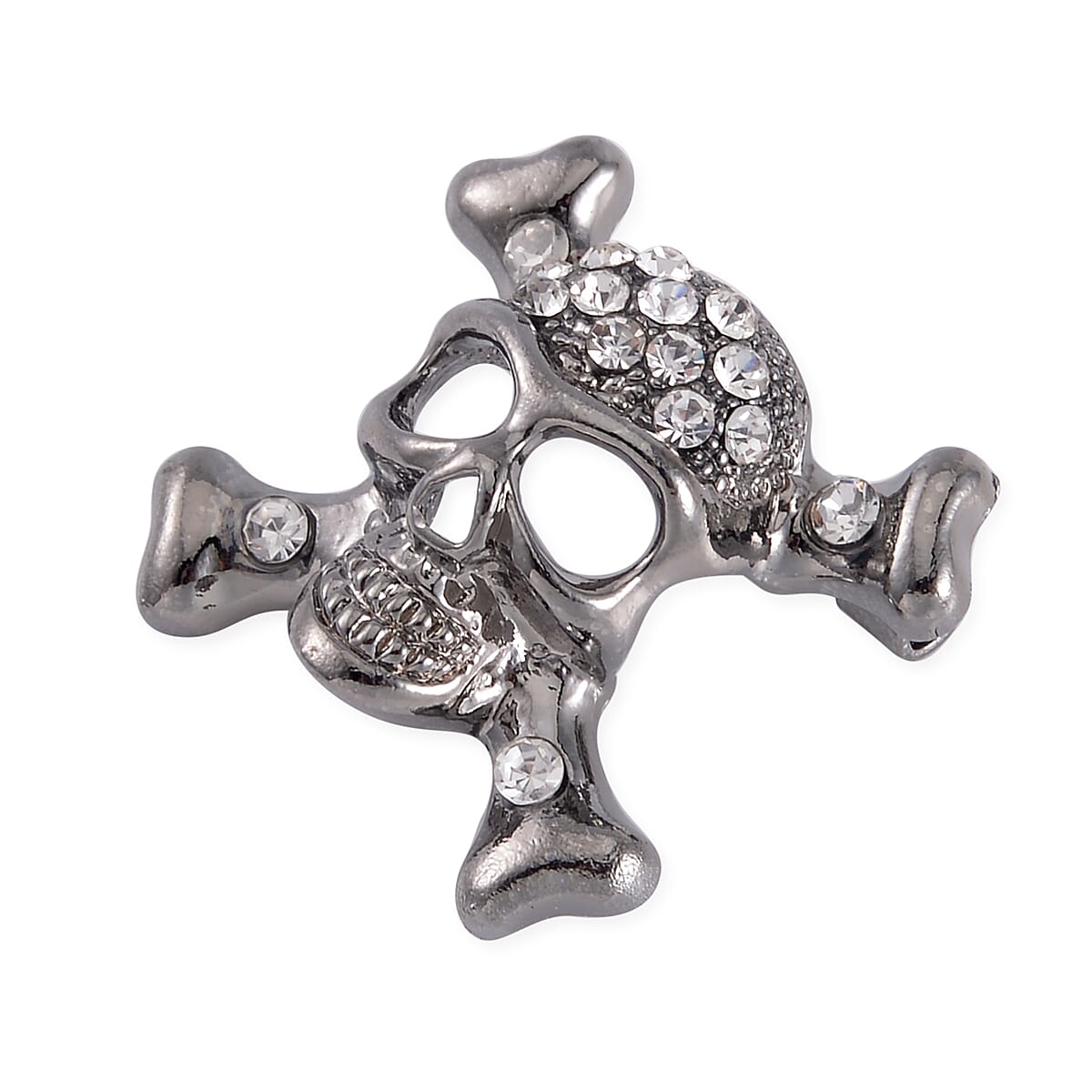 White Austrian Crystal Halloween Skull Brooch in Silvertone image number 2