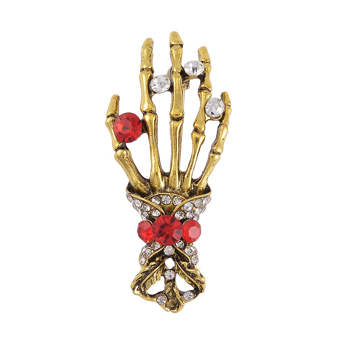 Red and White Austrian Crystal Halloween Skeleton Brooch in Goldtone image number 0