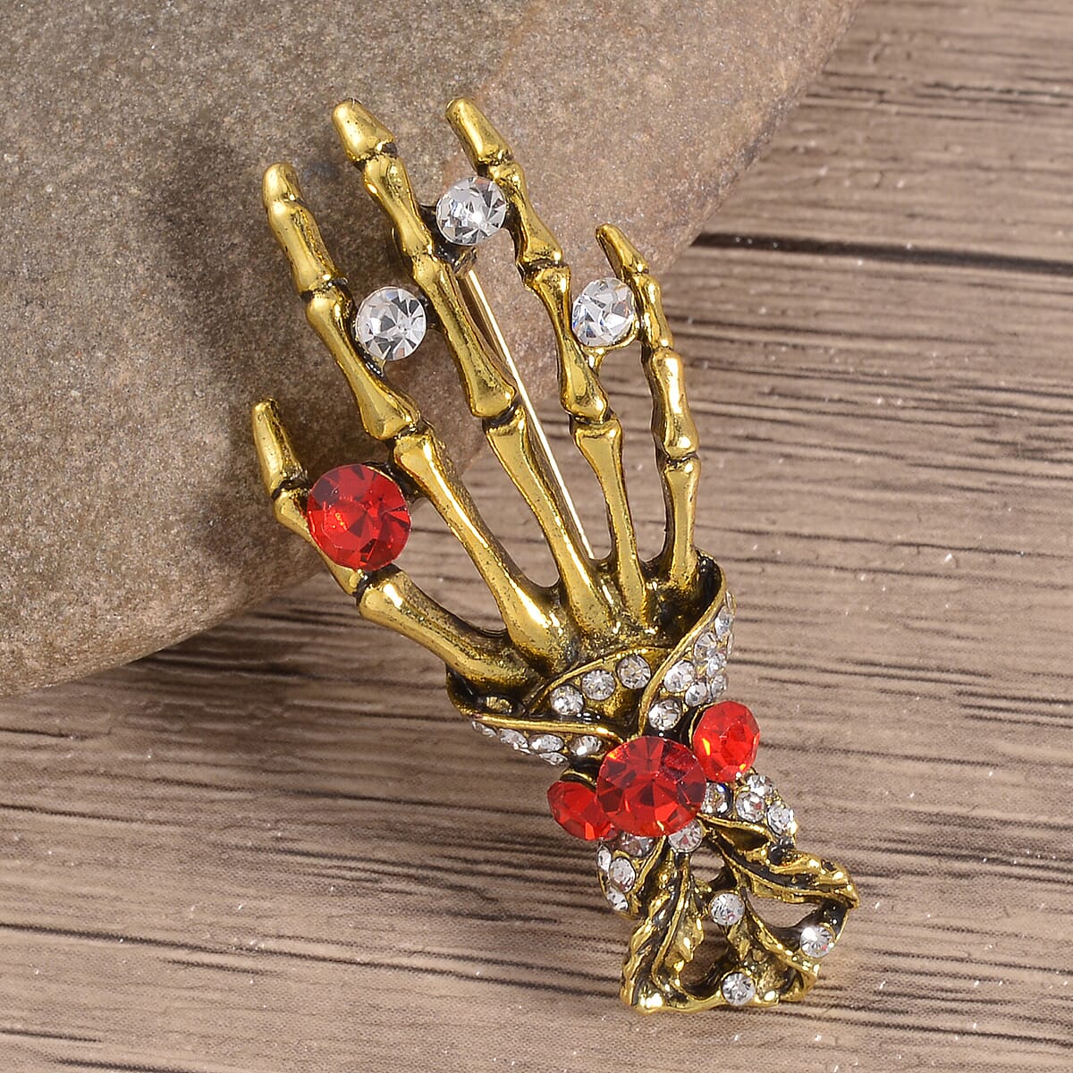 Red and White Austrian Crystal Halloween Skeleton Brooch in Goldtone image number 1