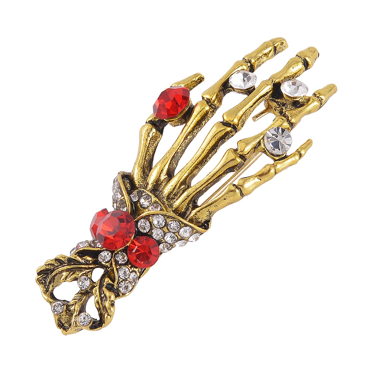 Red and White Austrian Crystal Halloween Skeleton Brooch in Goldtone image number 2